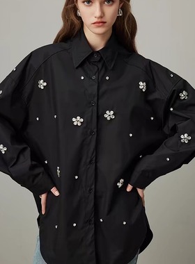 dfvc黑色纯棉长袖衬衫女2025年春季新款钉珠宽松显瘦中长款衬衣