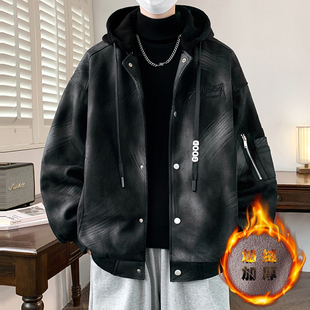 扎染加绒外套男冬季高级感痞帅宽松加厚夹克青少年初高中学生褂子