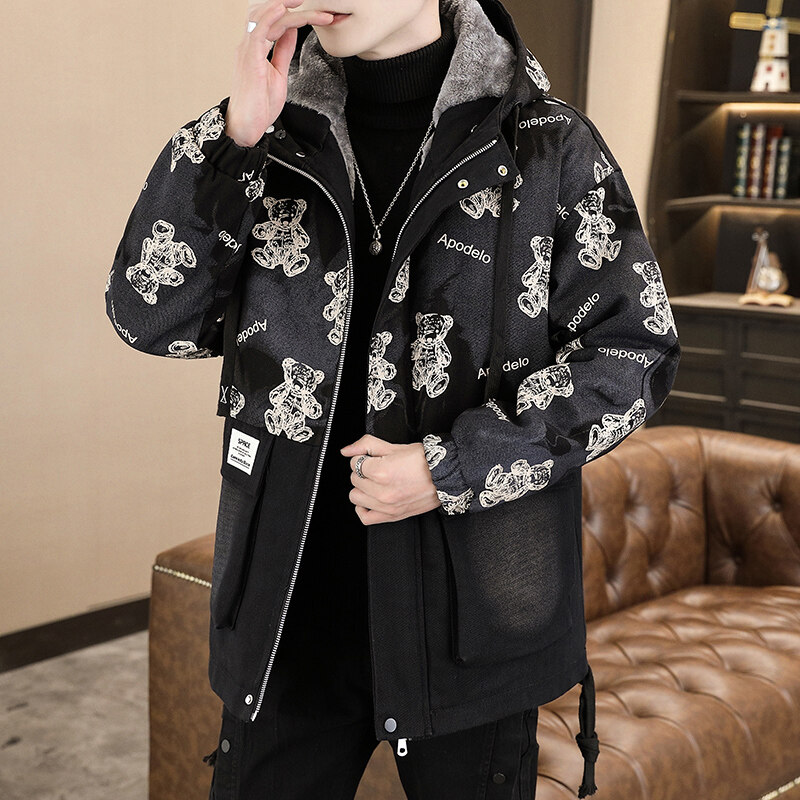 卡通小熊牛仔衣外套男孩冬季加绒加厚保暖派克棉服青少年学生夹克