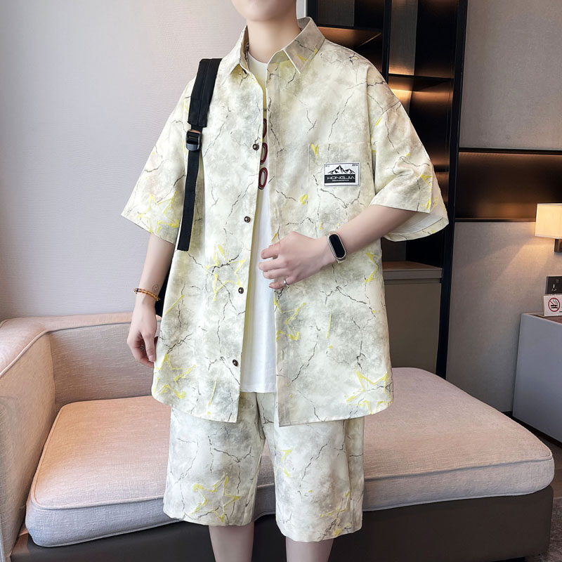 纯棉短袖衬衫男夏季轻奢高级感休闲套装男士宽松酷帅穿搭一套夏装