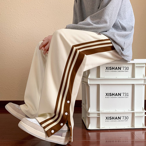 阔腿卫裤男春秋季宽松美式排扣休闲运动裤子男高个子显瘦直筒长裤