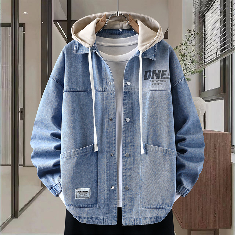 可脱卸帽牛仔外套男孩青少年潮流帅气工装夹克春秋款初中学生褂子