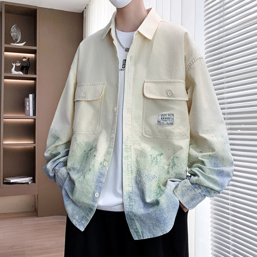 渐变色工装衬衫男长袖春秋季新款潮牌宽松休闲夹克青少年学生外套