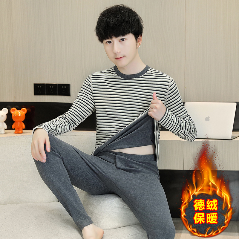 德绒条纹保暖内衣套装男青少年发热打底棉毛衫初高中学生秋衣秋裤