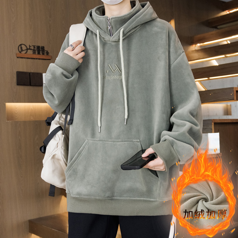 秋冬季双面绒卫衣男生2025新款潮流设计感宽松外套青少年套头帽衫