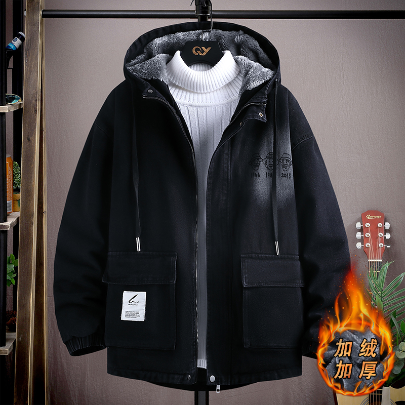 青少年大童加绒加厚牛仔外套冬季男孩初高中学生宽松休闲夹克棉衣