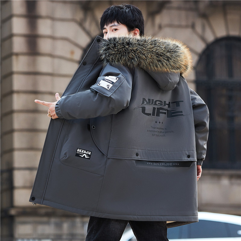 时尚派克棉服男秋冬季加绒加厚中长款外套男孩青少年学生连帽棉衣