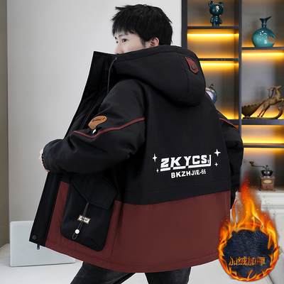 冬季青少年加绒加厚外套男韩版潮流工装夹克帅气初中高中学生棉服