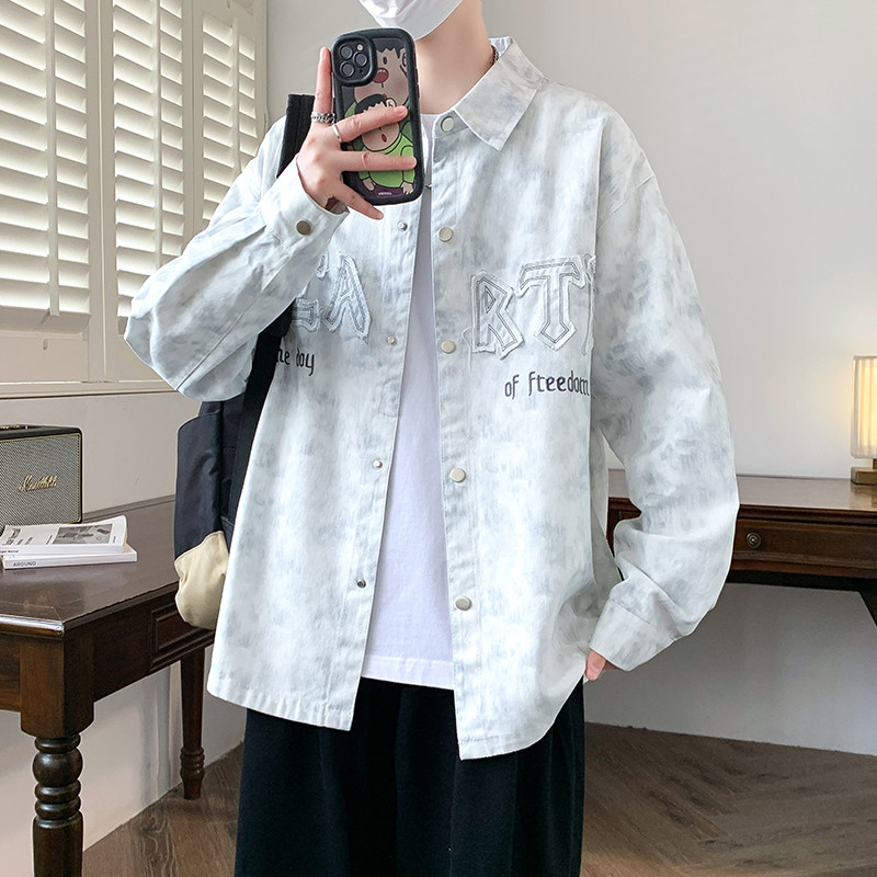 青少年字母刺绣牛仔外套男春秋季初高中学生长袖衬衫男款翻领夹克