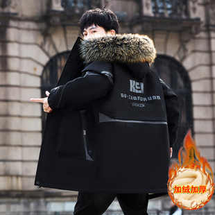 青少年加绒棉衣外套男冬季韩版潮流帅气初高中学生中长款棉服袄子
