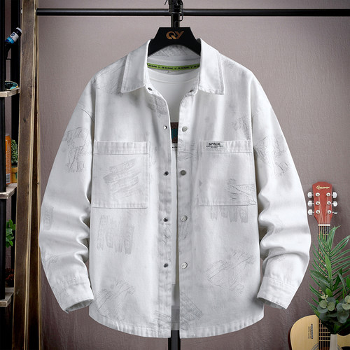 纯棉牛仔外套男士春秋季宽松休闲翻领夹克男款高级感痞帅长袖衬衫