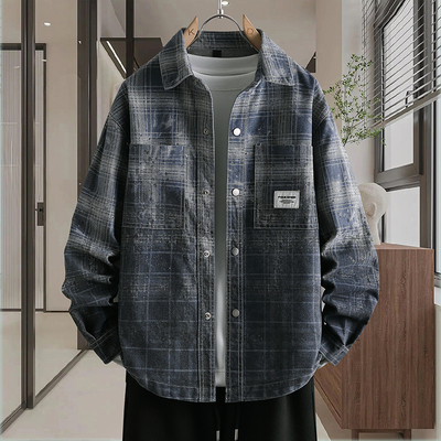 做旧复古格子衬衫男长袖春秋季美式潮牌牛仔服外套男士青少年夹克