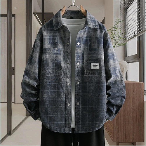 做旧复古格子衬衫男长袖春秋季美式潮牌牛仔服外套男士青少年夹克