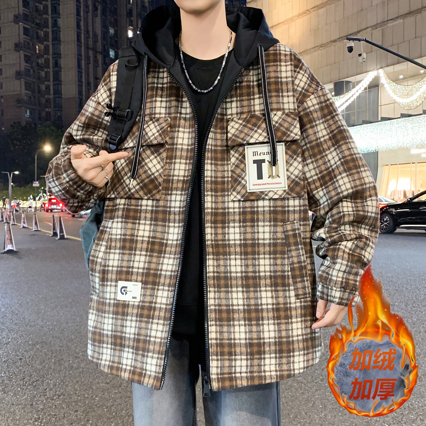格子毛呢外套男孩青少年加绒加厚夹克秋冬季初中高中学生呢子上衣