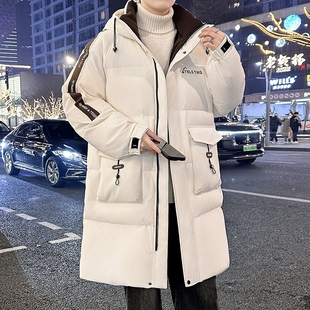 冬季中长款羽绒服男款2024新款连帽保暖冬装青少年学生白鸭绒外套