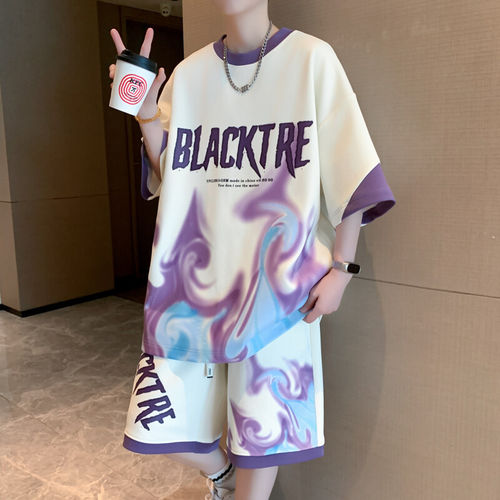 扎染短袖t恤男夏季初高中学生短裤一整套青少年男孩酷帅穿搭套装