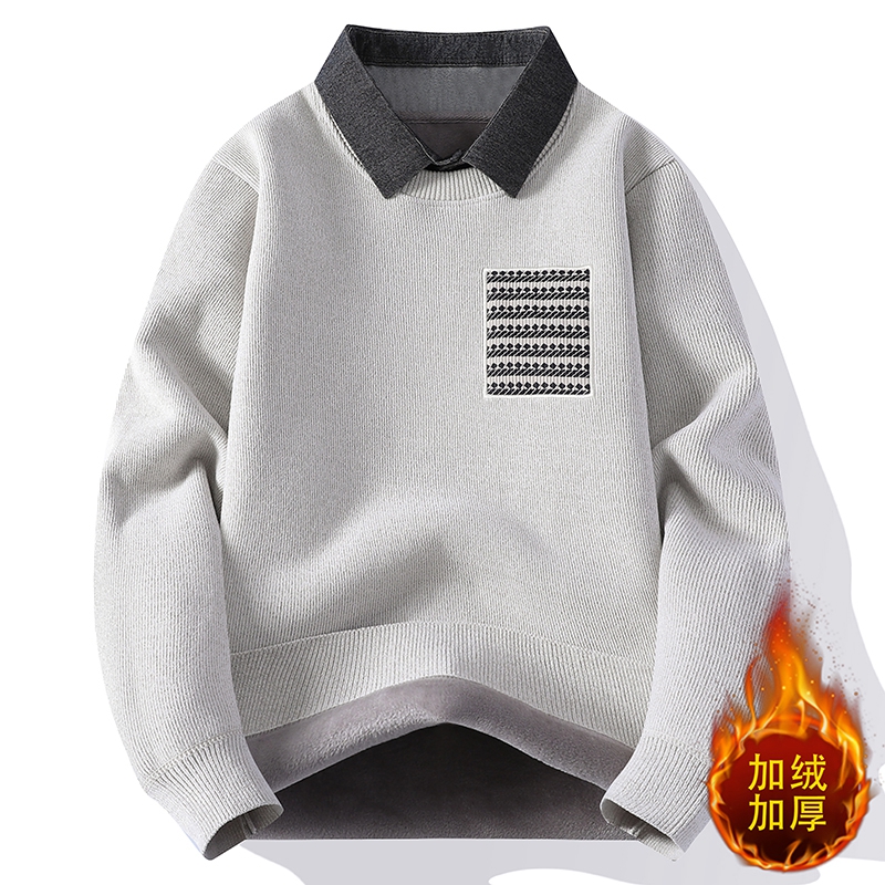 冬季假两件衬衫领毛衣男士美式复古内搭针织衫加绒加厚保暖毛线衣