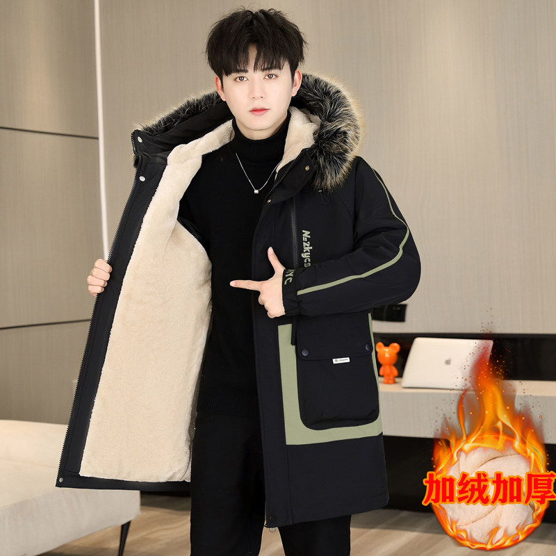 男士棉衣外套冬季加绒加厚防寒中长款袄子青少年男装冬装派克棉服