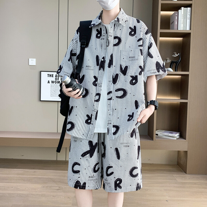 时尚休闲套装男夏季短袖衬衫2025新款青少年男士穿搭一整套帅气潮