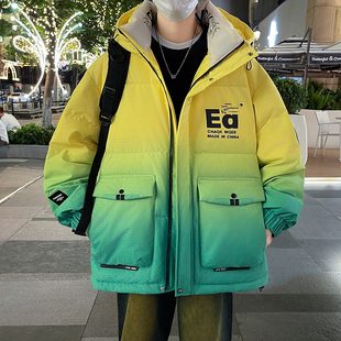 渐变色白鸭绒羽绒服男青少年冬季宽松连帽初中学生大童男冬装外套