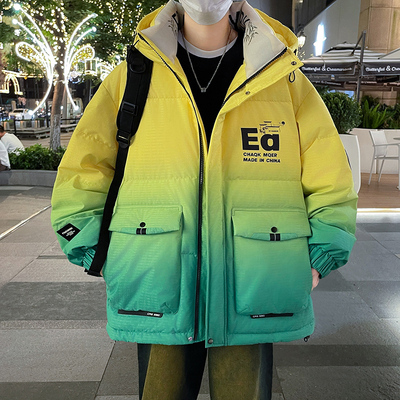 渐变色白鸭绒羽绒服男青少年冬季宽松连帽初中学生大童男冬装外套