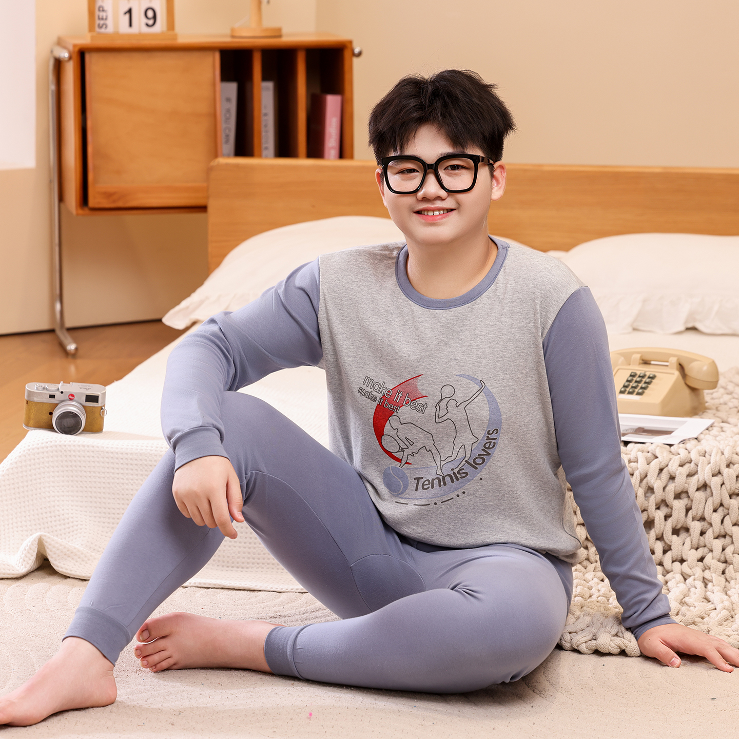 青少年纯棉保暖内衣男孩初中高中学生秋衣秋裤胖大童线衣线裤套装