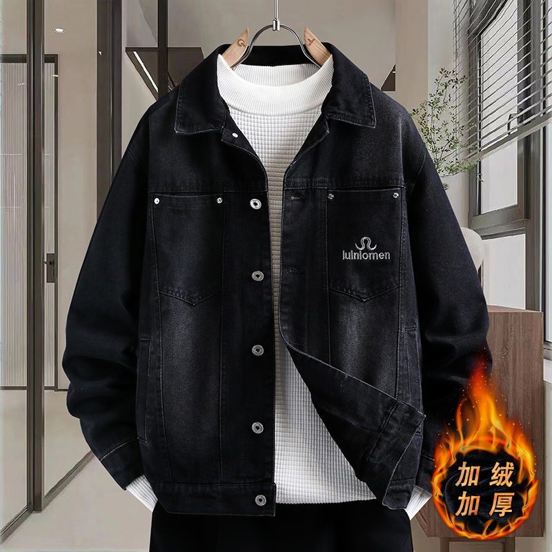 男士加绒加厚牛仔外套秋冬季高级感痞帅翻领夹克美式休闲潮牌上衣