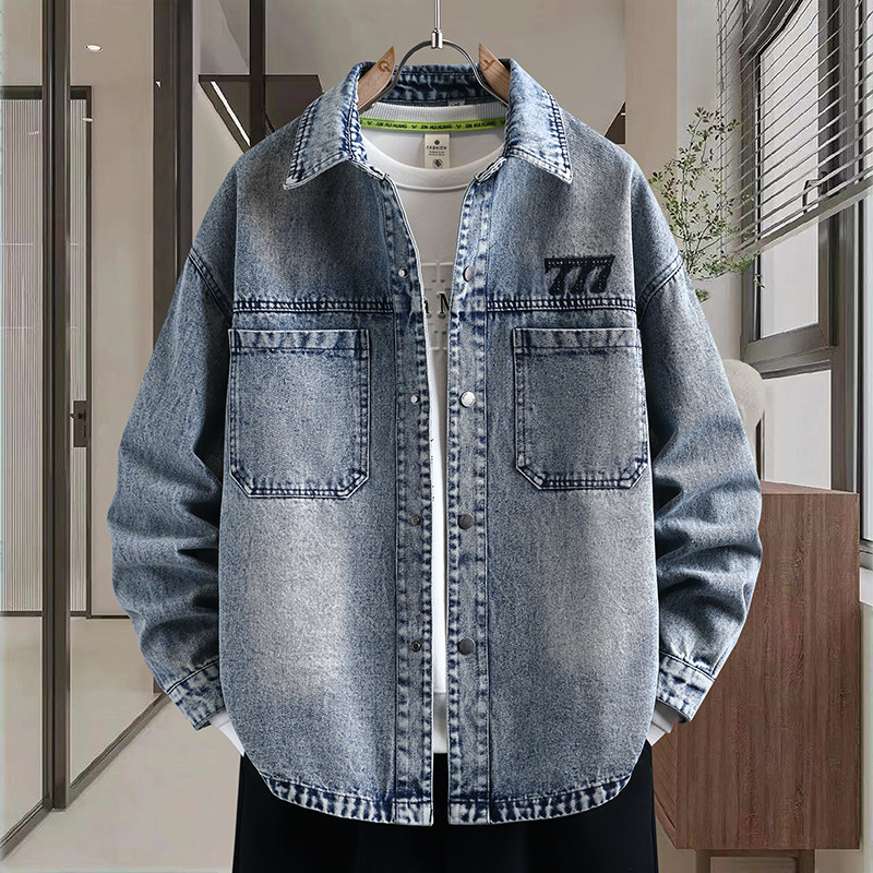 春秋季轻奢刺绣牛仔夹克男高中学生翻领外套高级感痞帅青少年衬衫