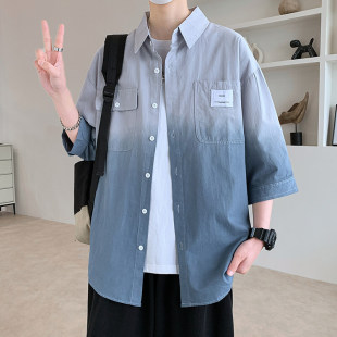 青少年短袖衬衫男夏季2025新款初中生衬衣外套宽松大童五分袖上衣