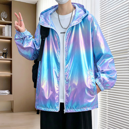 情侣款亮面防晒衣夏季高级感连帽薄款冰丝外套男青少年户外防晒服