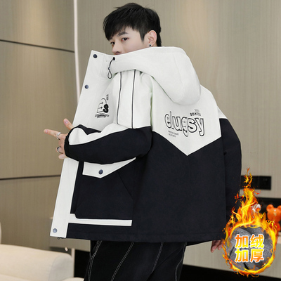 青少年加绒棉衣外套男秋冬季韩版潮流帅气初高中学生加厚工装夹克