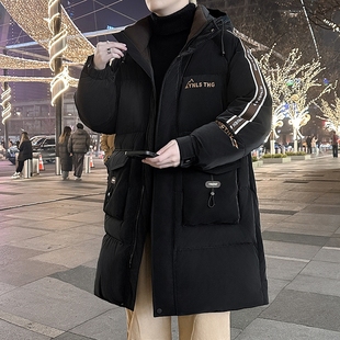 冬季中长款羽绒服男款2024新款连帽保暖冬装青少年学生白鸭绒外套