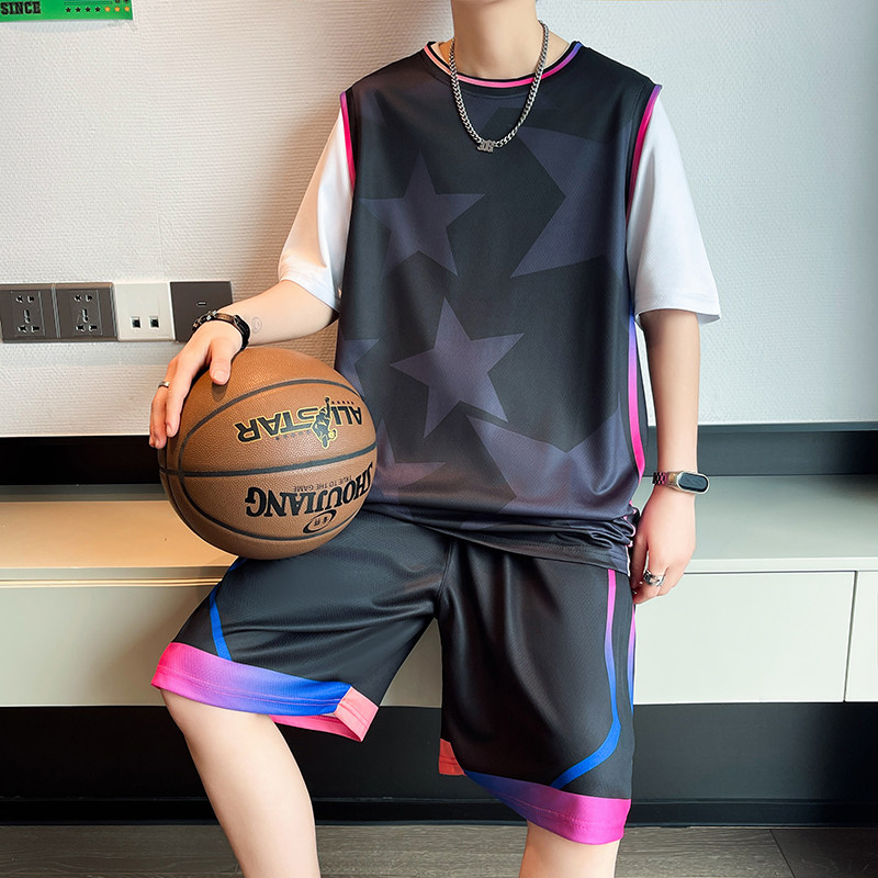 健身跑步运动套装男夏季薄款速干冰丝短袖短裤男生潮流宽松篮球服