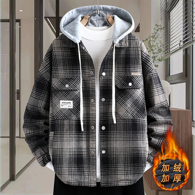 可脱卸帽牛仔外套男冬季美式复古宽松加绒加厚夹克青少年学生棉衣