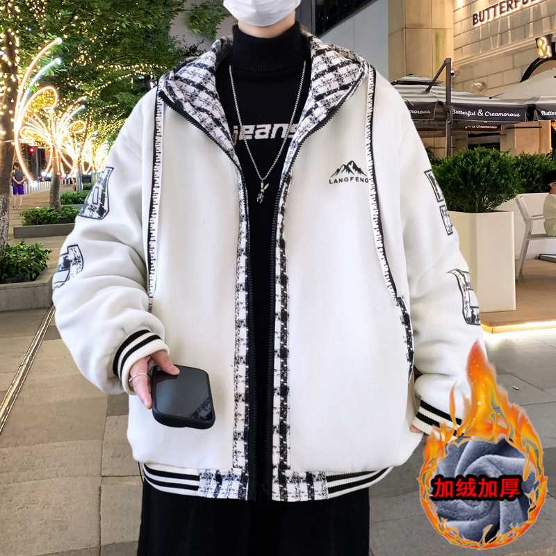 双面奥粒绒外套男孩青少年秋冬季加绒加厚夹克初高中学生连帽棉服