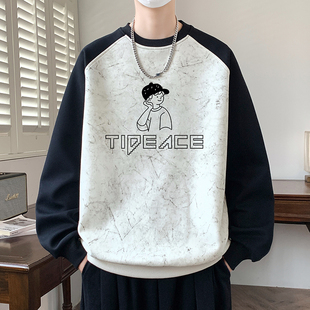 秋冬季 t恤青少年大童加绒上衣服 扎染撞色卫衣男孩初高中学生长袖