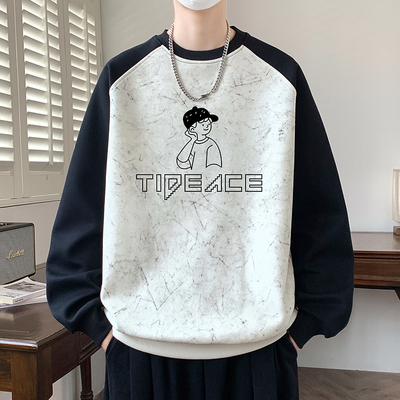 秋冬季扎染撞色卫衣男孩初高中学生长袖t恤青少年大童加绒上衣服