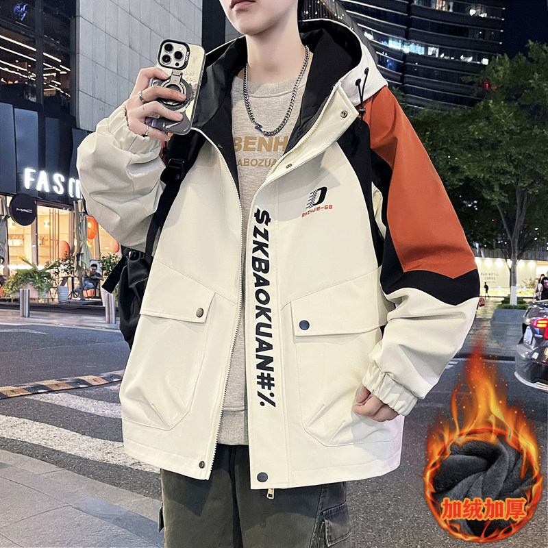 加绒加厚冲锋衣青少年酷帅外套男秋冬季潮流时尚初中学生大童夹克
