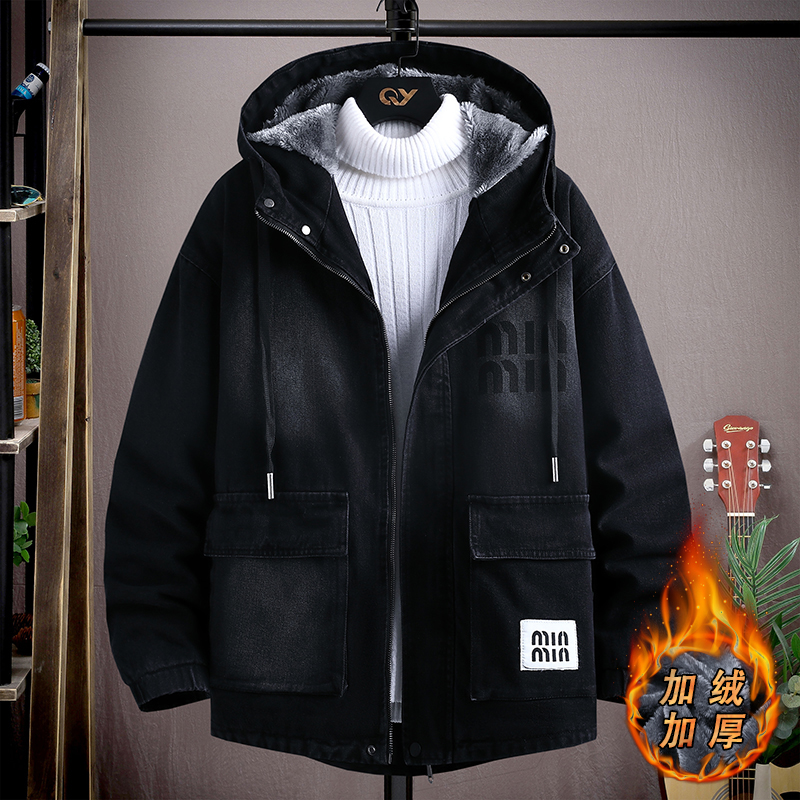 加绒牛仔外套男冬季青少年宽松加厚保暖夹克初中高中学生派克棉服