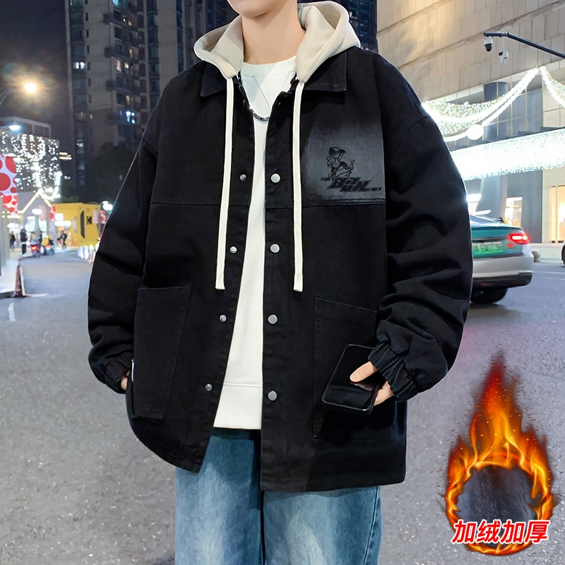 青少年大童加绒牛仔外套男冬季高级感痞帅夹克初高中学生保暖棉衣