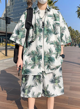 夏威夷风沙滩套装男士夏季冰丝花衬衫海边度假速干短袖短裤两件套