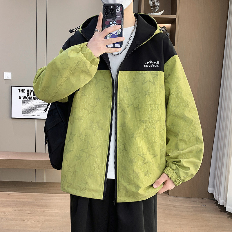 拼接撞色连帽外套男春秋季初高中学生宽松夹克美式潮牌青少年风衣