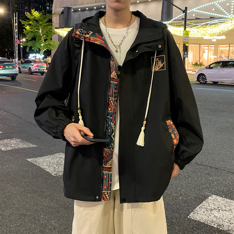 复古潮牌外套男秋季初高中学生宽松连帽夹克青少年男孩春秋款上衣