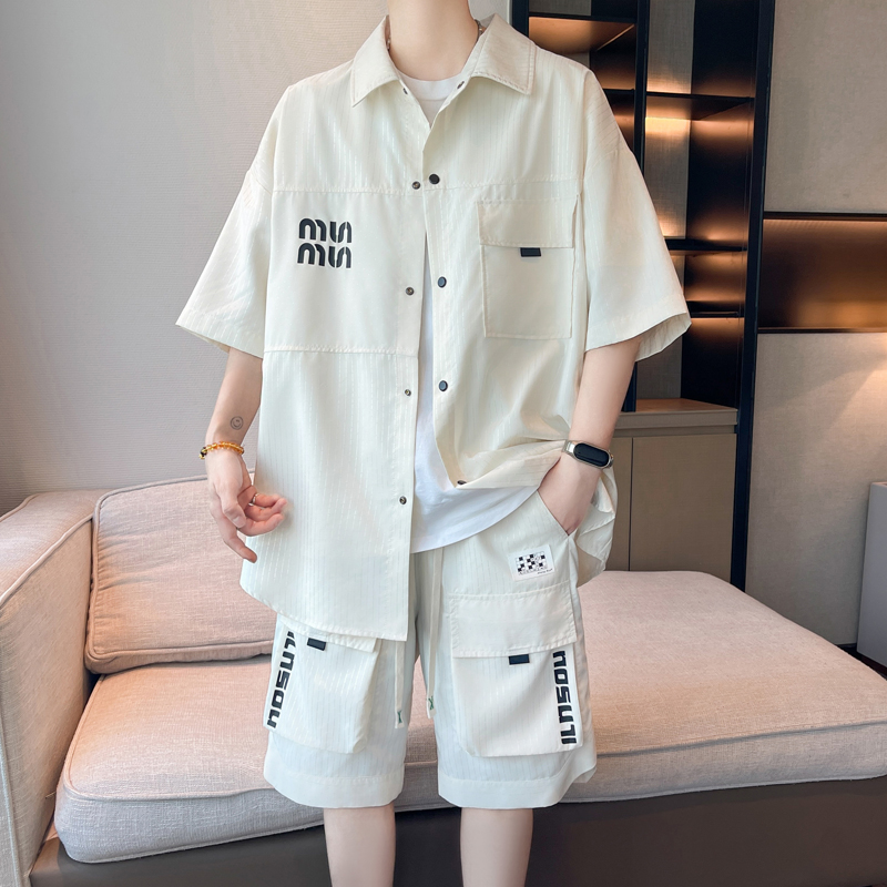 夏季冰丝衬衫男高级感痞帅短袖短裤帅气青少年五分袖衬衣休闲套装