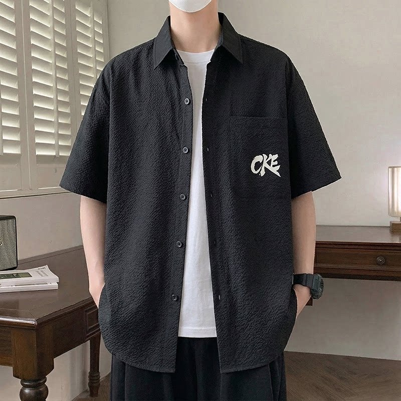 冰丝短袖衬衫男士夏季高级感痞帅潮流休闲上衣男款青少年半袖外套图片