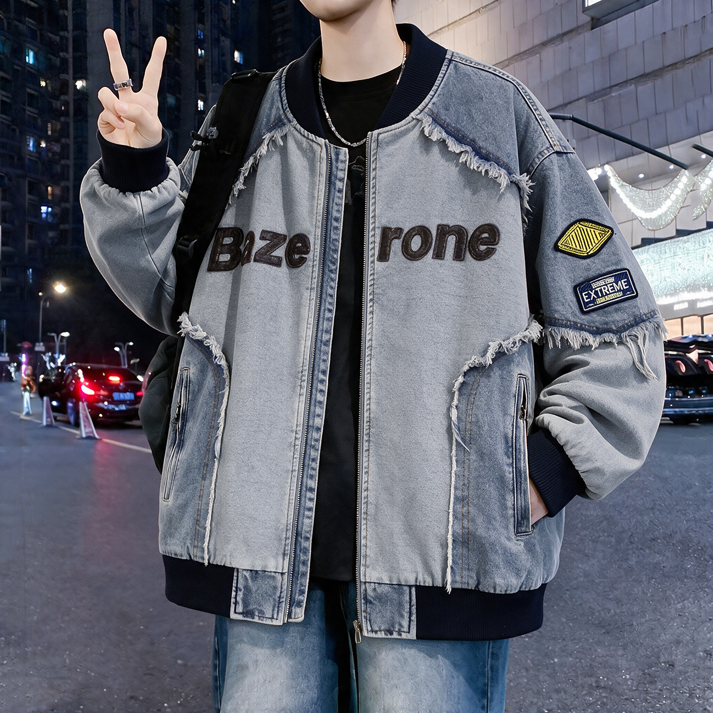 时尚牛仔外套男秋季棒青少年球服2026新款设计感美式高街宽松夹克
