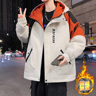 青少年男孩加绒外套秋冬季初高中学生冲锋衣男款酷帅大童加厚夹克