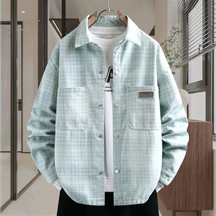 时尚 男春秋季 潮流水洗牛仔外套初高中学生夹克 衬衫 青少年格子长袖