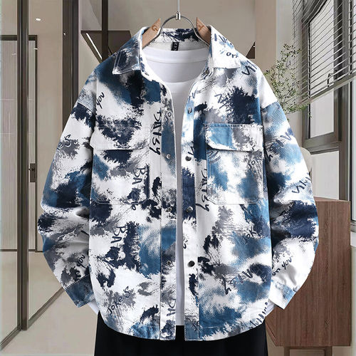 时尚扎染水洗牛仔外套男初高中学生宽松衬衣春秋季青少年工装夹克