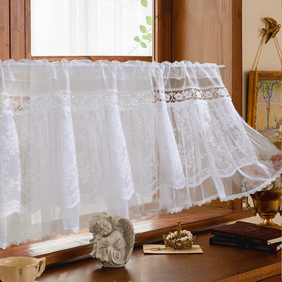 厨房半帘门帘短帘魔术贴窗帘法式白色蕾丝纱帘遮挡帘免打孔隔断帘
